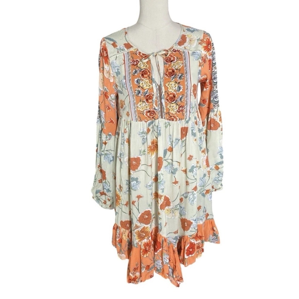 NWT Patrons of Peace SZ S Floral Boho Mini Dress Country Festival Long Sleeve - Picture 2 of 9